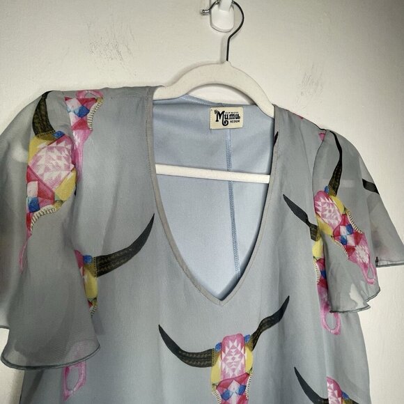 Show Me Your Mumu Kyle Mini Dress Womens M Blue Chiffon Cow Skull Western Boho - Picture 5 of 12